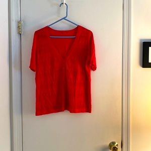Talbots v-neck cotton and ramie short sleeve cardigan L. Tomato red color.